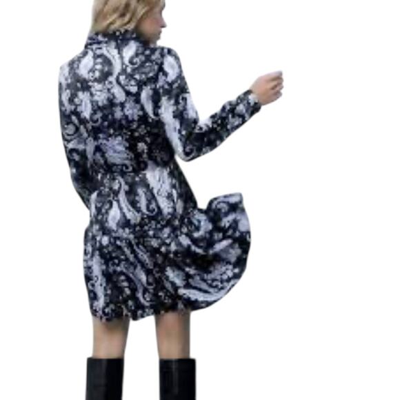 ZARA Blue Black Printed Flounced Shirt Dress M Mini Belted Long Sleeve NWT - Picture 3 of 11